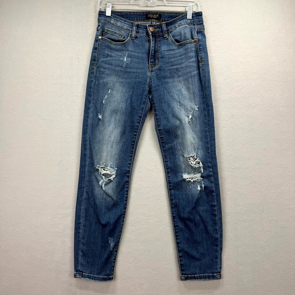 Judy Blue Jeans Womens 7/28 Blue Denim Pants Stretch Relaxed Distressed Ripped